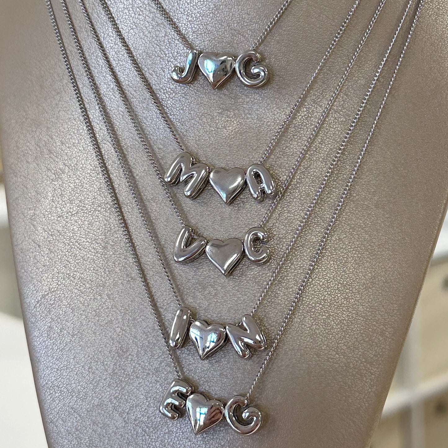 Bubble initial necklace 2 initials 1 heart Silver