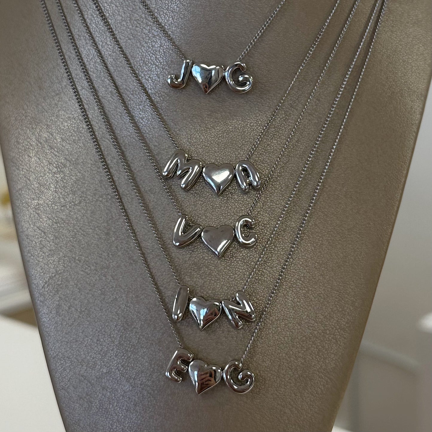 Bubble initial necklace 2 initials 1 heart Silver