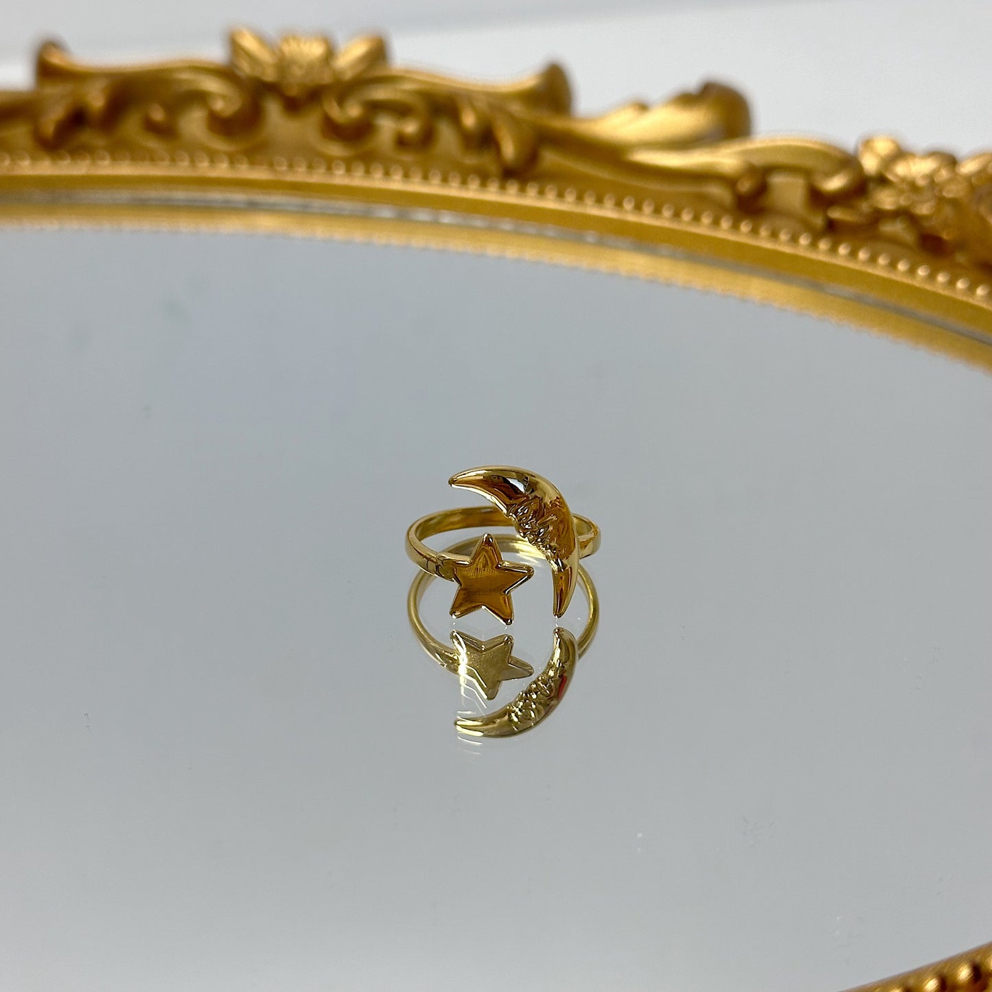 Star and moon adjustable gold ring