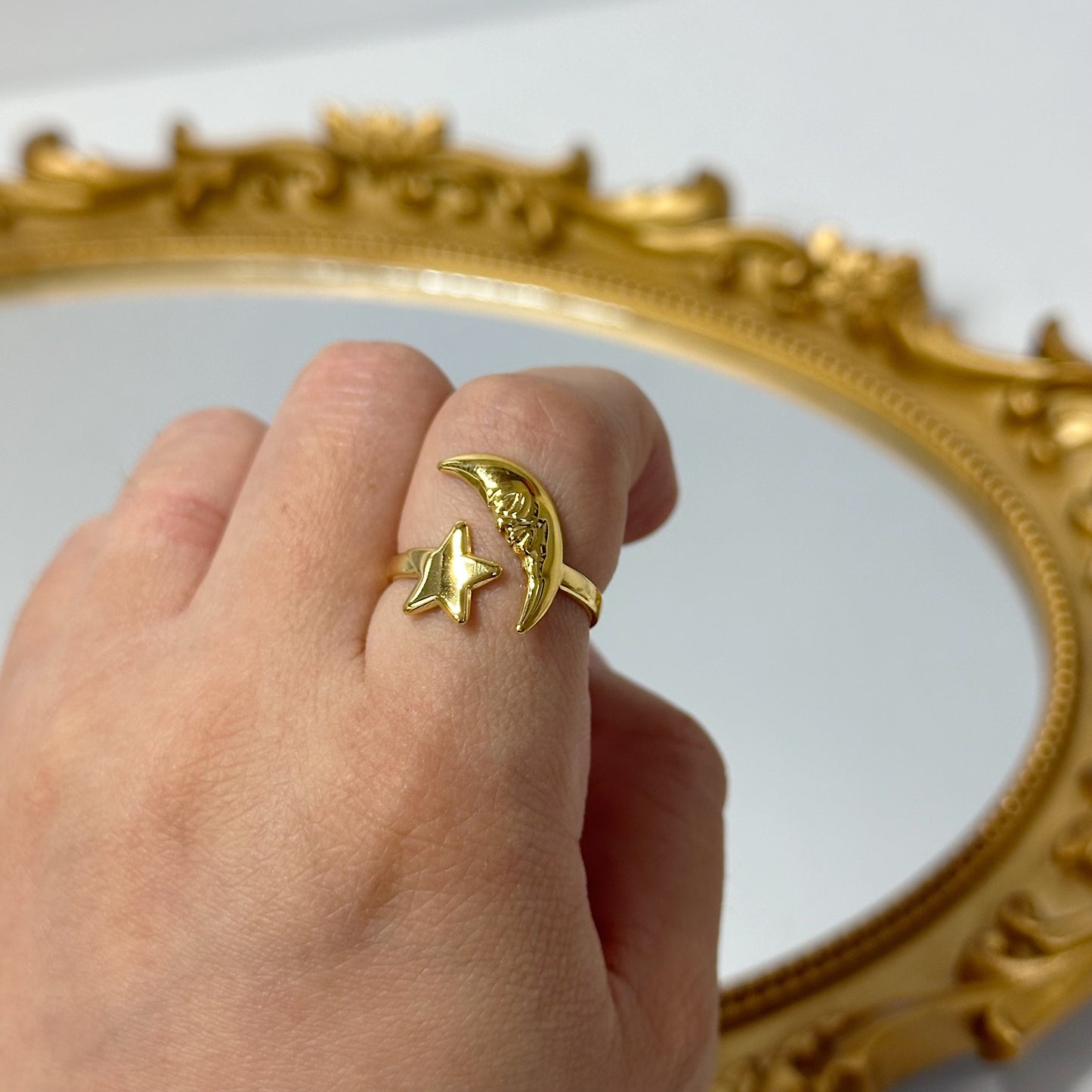 Star and moon adjustable gold ring
